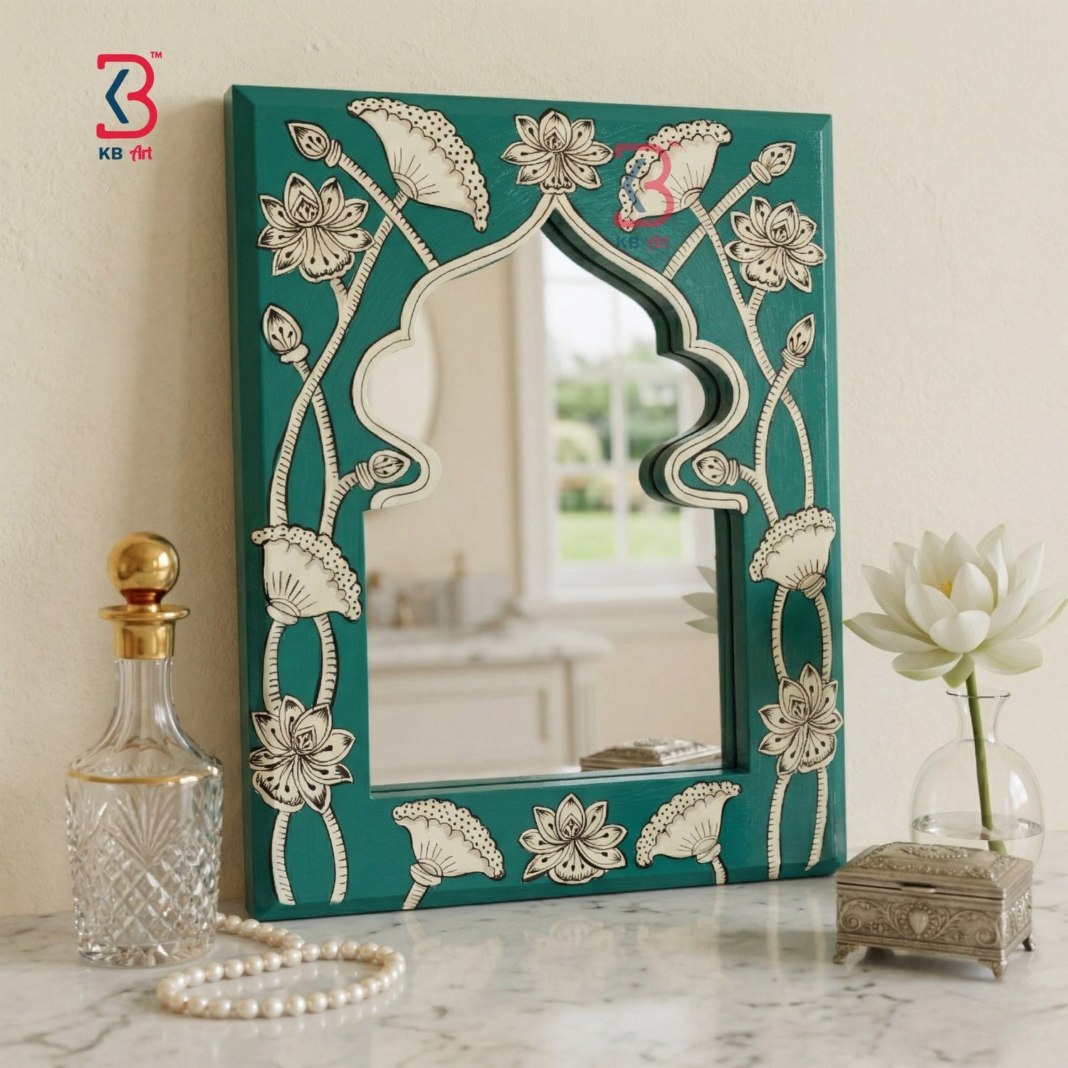 KB ART Teal Lotus Jharokha Mirror - Styled Display in Home Interior Setting - Handcrafted Wooden Decor Jodhpur