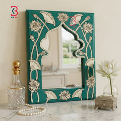 KB ART Teal Lotus Jharokha Mirror - Styled Display in Home Interior Setting - Handcrafted Wooden Decor Jodhpur
