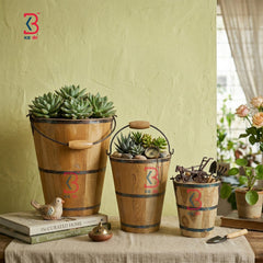 KB ART Wooden Set Of 3 Bucket - Close-Up of Hand-Carved Artisan Texture - Handcrafted Wooden Decor Jodhpur