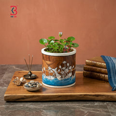 KB ART Fish Pond Wooden Planter Holder - Close-Up of Hand-Carved Artisan Texture - Handcrafted Wooden Decor Jodhpur