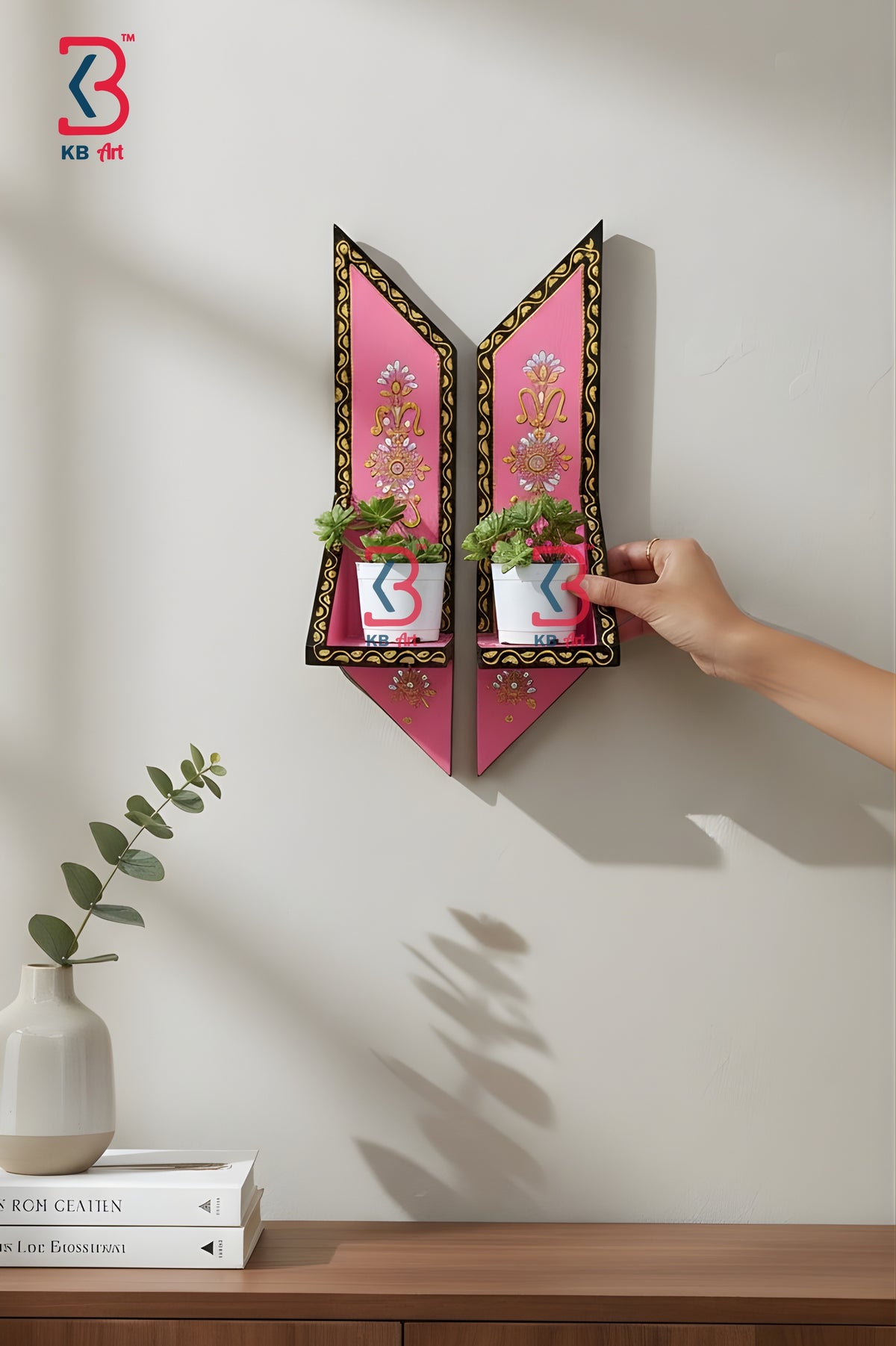 KB ART Pink Hand Painted Wall Shelves Set - Close-Up of Hand-Carved Artisan Texture - Handcrafted Wooden Decor Jodhpur