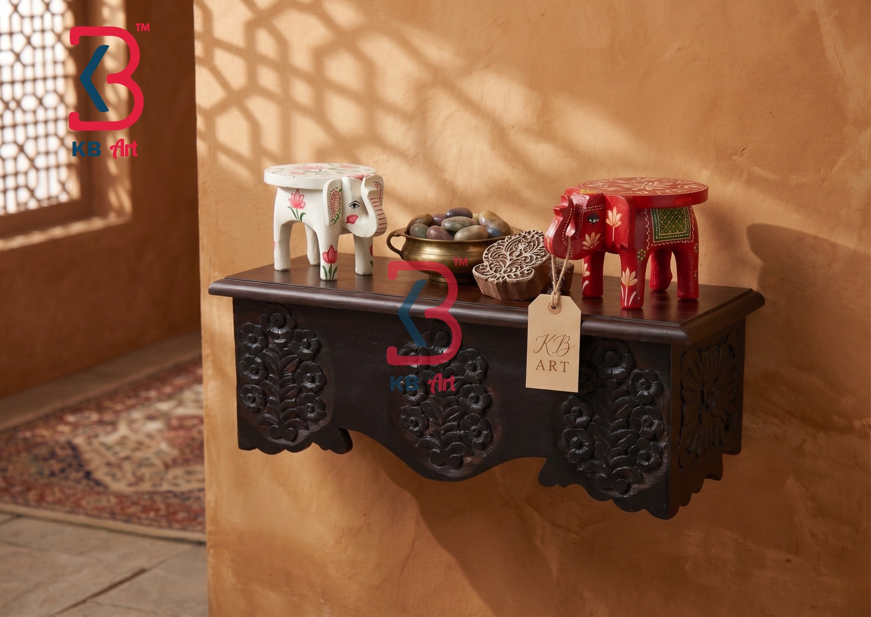 KB ART Brown Polished Floral Shelf - Front View of Handcrafted Detailing - Handcrafted Wooden Decor Jodhpur