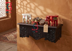 KB ART Brown Polished Floral Shelf - Front View of Handcrafted Detailing - Handcrafted Wooden Decor Jodhpur