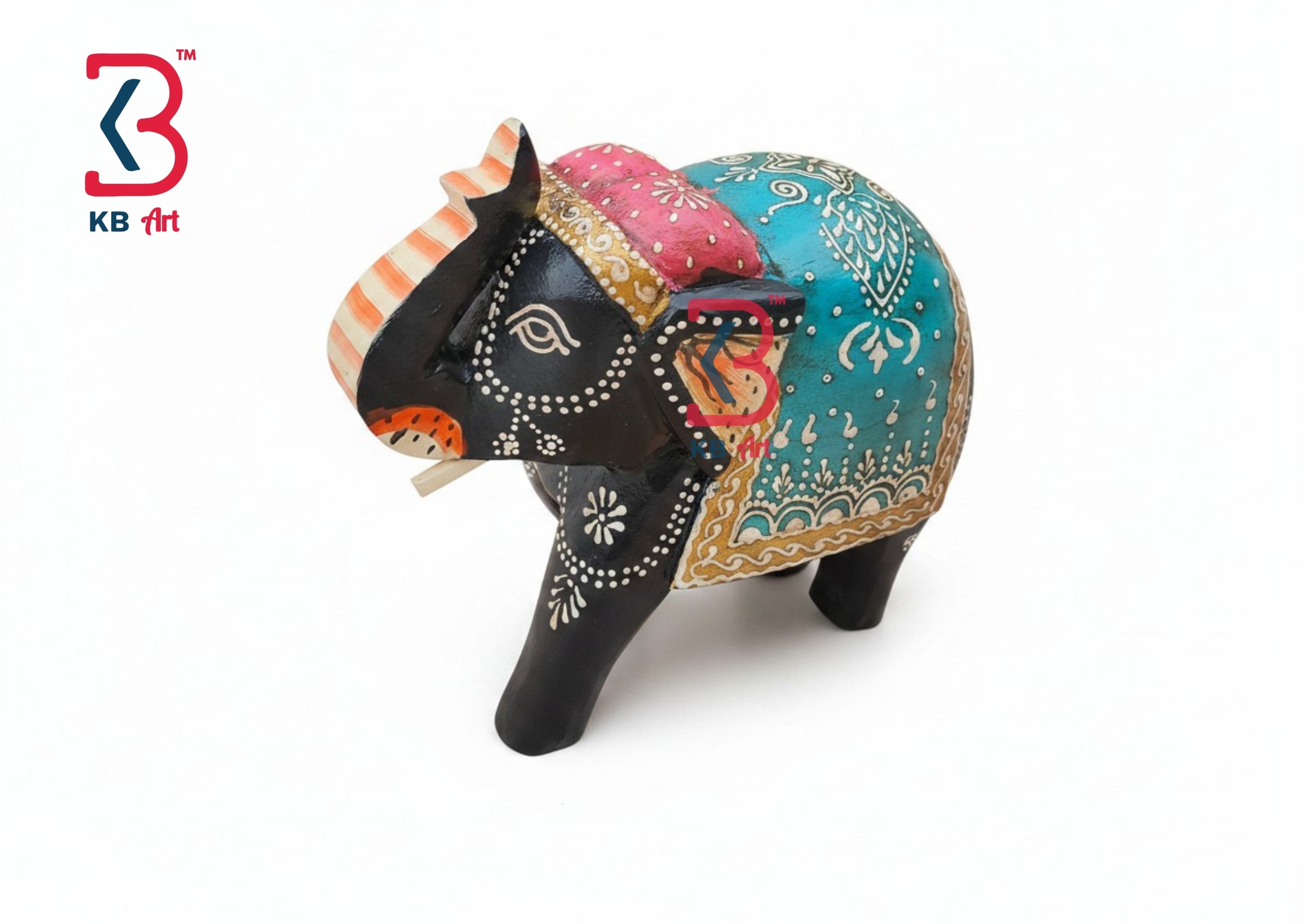 KB ART Hand Painted Black Elephant Statue - Front View of Handcrafted Detailing - Handcrafted Wooden Decor Jodhpur