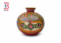KB ART Floral Hand Painted Iron Pot - Front View of Handcrafted Detailing - Handcrafted Wooden Decor Jodhpur