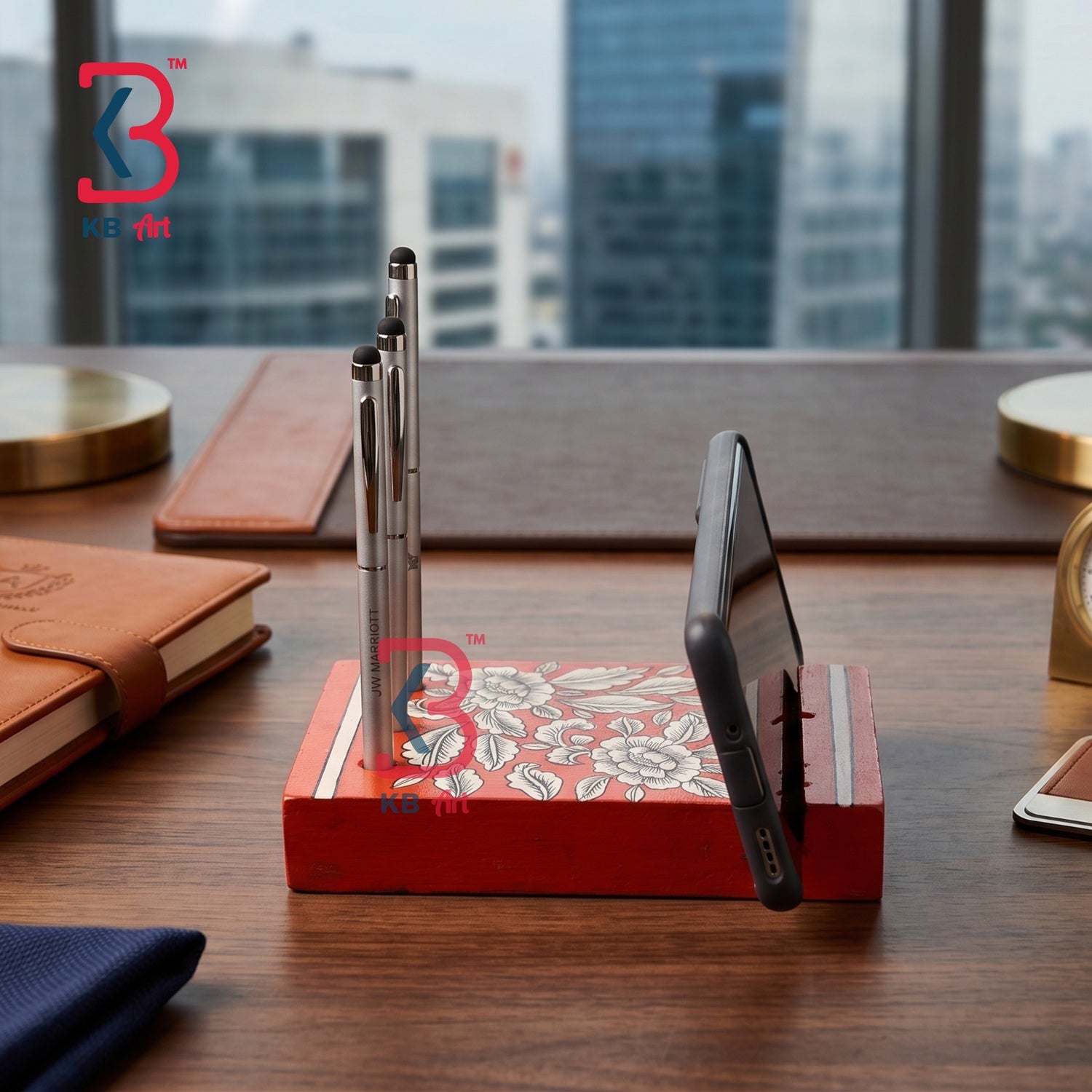 KB ART Red Floral Mobile Pen Stand Desk Organizer - Close-Up of Hand-Carved Artisan Texture - Handcrafted Wooden Decor Jodhpur