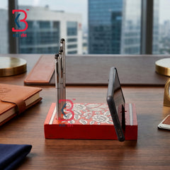 KB ART Red Floral Mobile Pen Stand Desk Organizer - Close-Up of Hand-Carved Artisan Texture - Handcrafted Wooden Decor Jodhpur