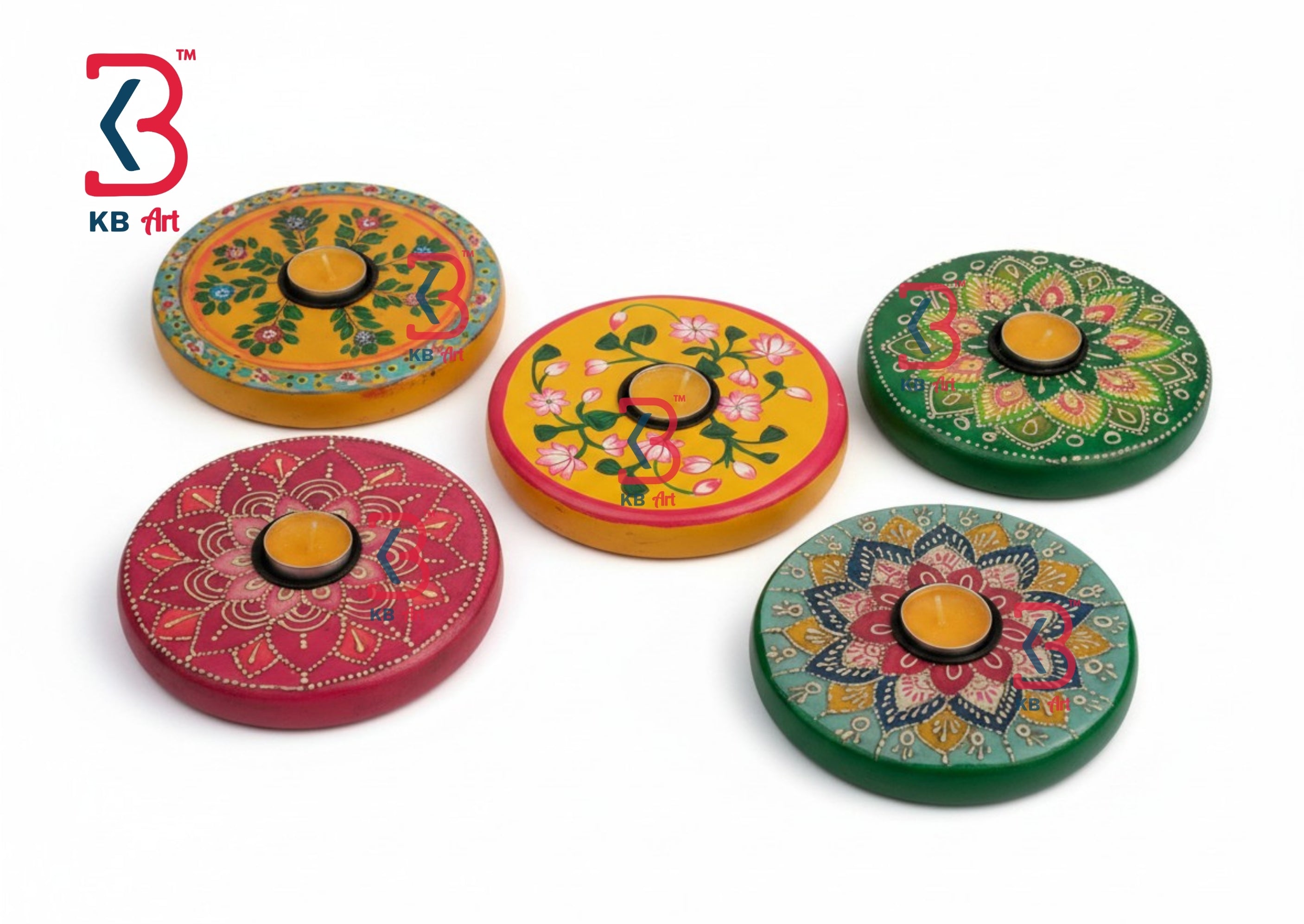 KB ART Rangoli Type Tlight Holder - Front View of Handcrafted Detailing - Handcrafted Wooden Decor Jodhpur
