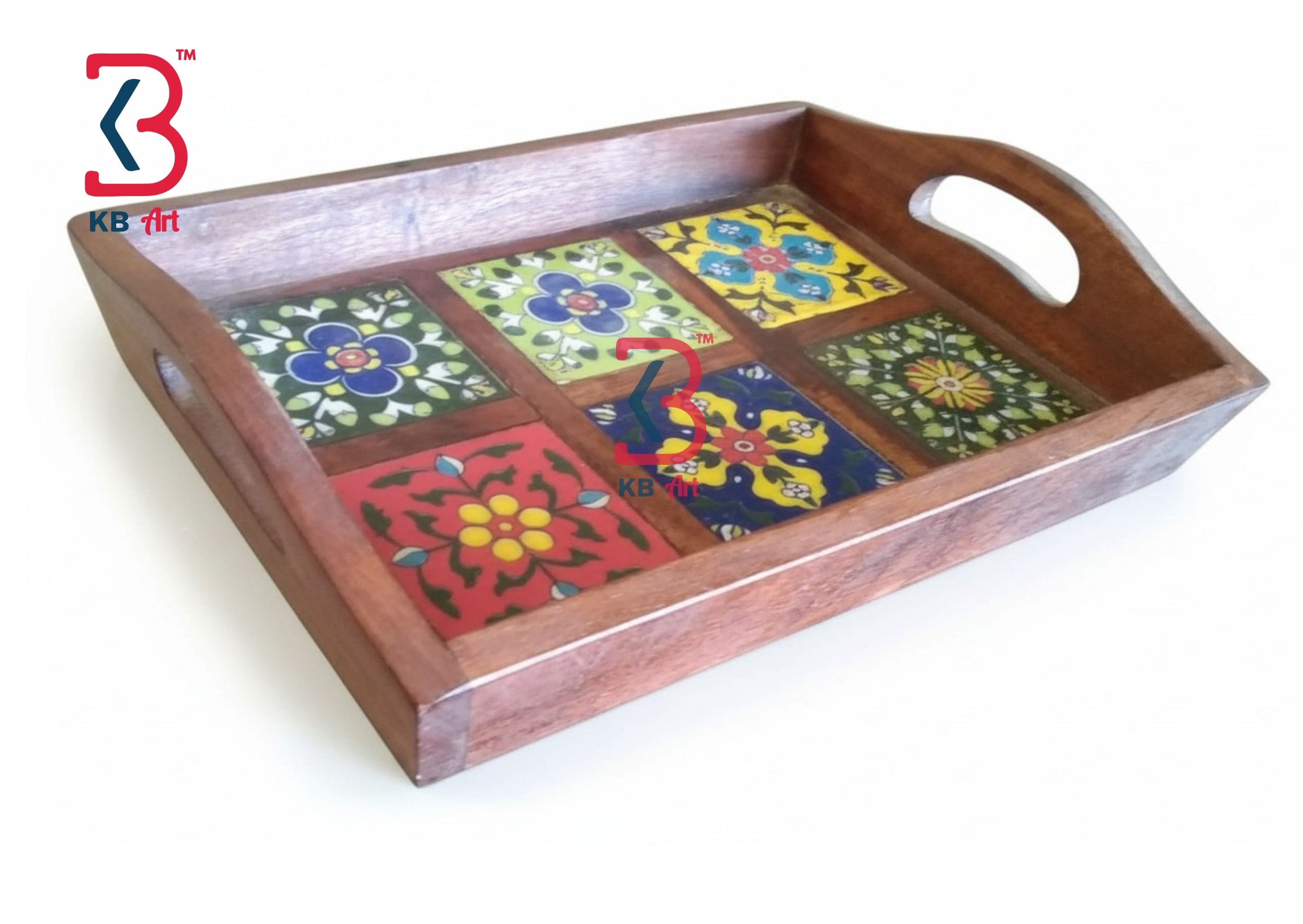 A rectangular wooden serving tray with a warm brown finish and two integrated side handles. The tray is decorated with six colorful hand-painted floral tile designs in the center.