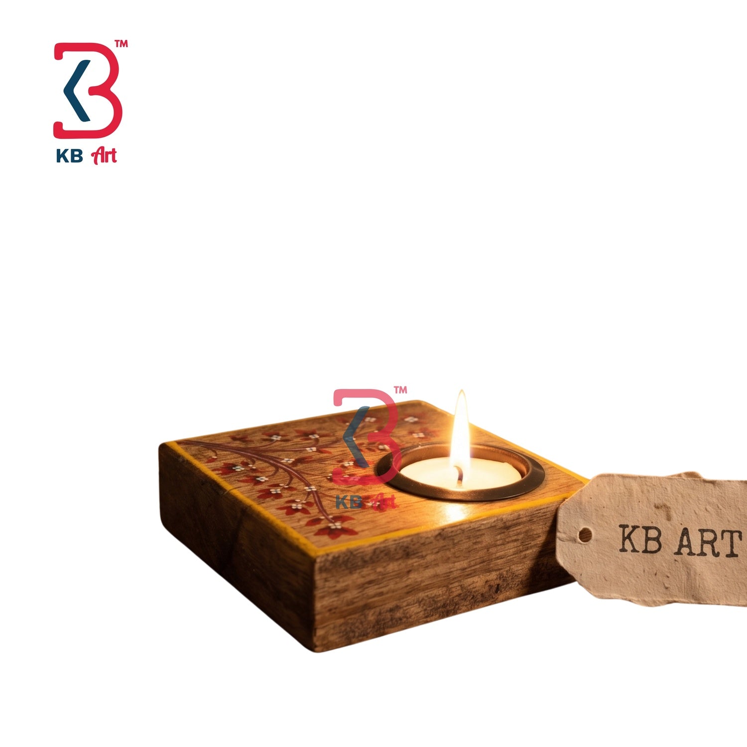 KB ART Wooden Side Square Tlight Stand - Front View of Handcrafted Detailing - Handcrafted Wooden Decor Jodhpur