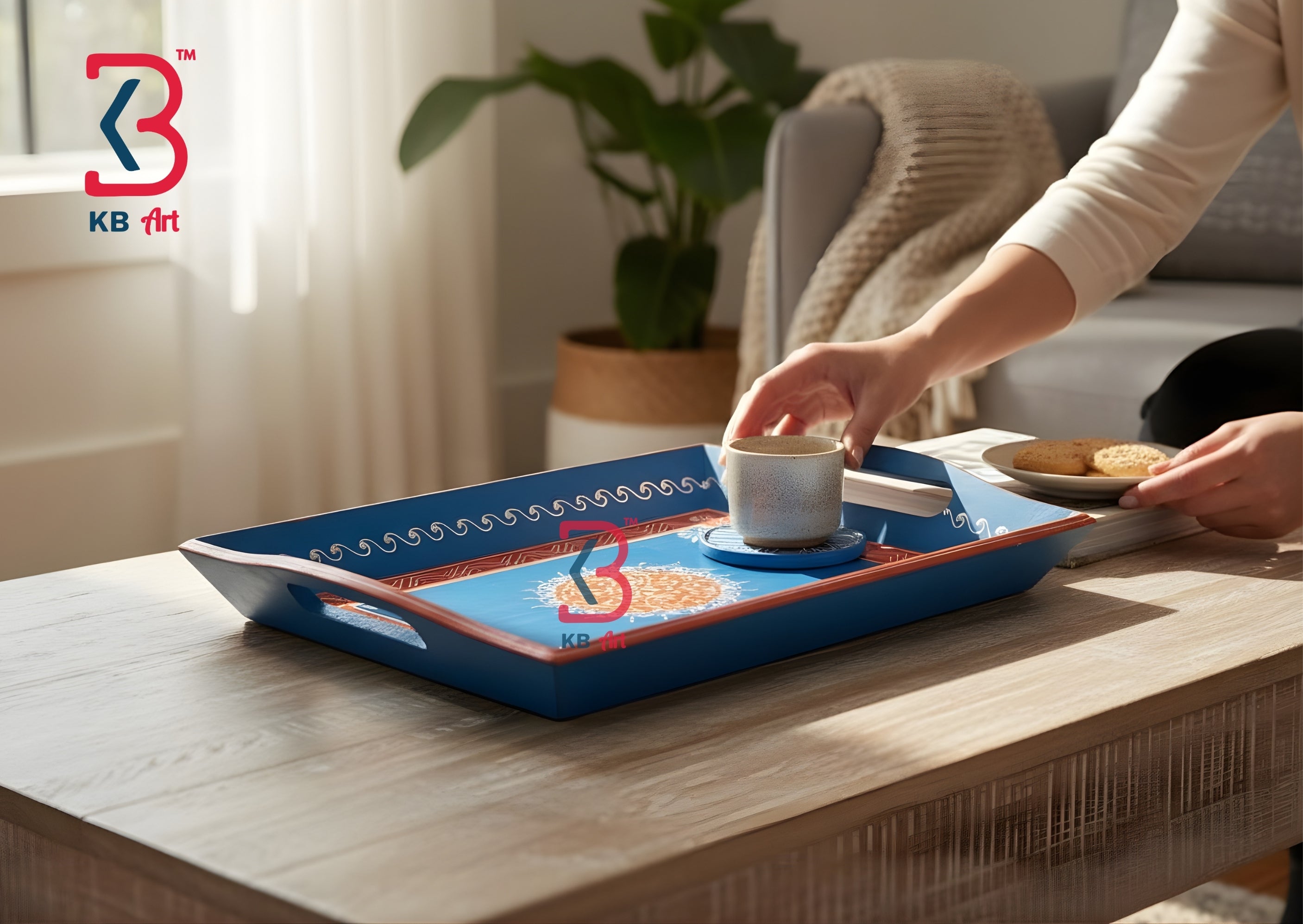KB ART Hand Painted Blue Mdf Serving Tray - Styled Display in Home Interior Setting - Handcrafted Wooden Decor Jodhpur