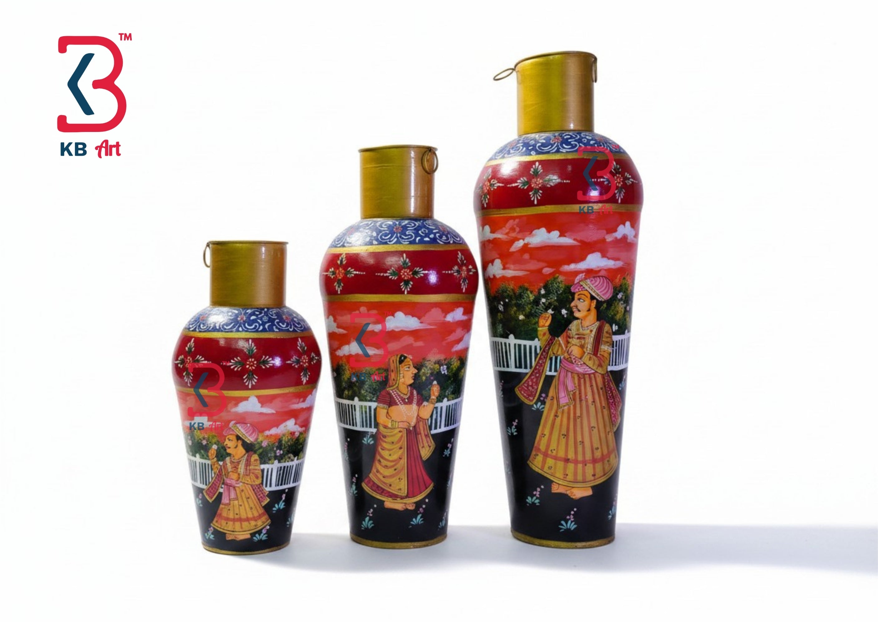 KB ART Set Of 3 Hand Painted Traditional Vases - Front View of Handcrafted Detailing - Handcrafted Wooden Decor Jodhpur