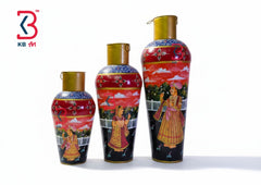 KB ART Set Of 3 Hand Painted Traditional Vases - Front View of Handcrafted Detailing - Handcrafted Wooden Decor Jodhpur