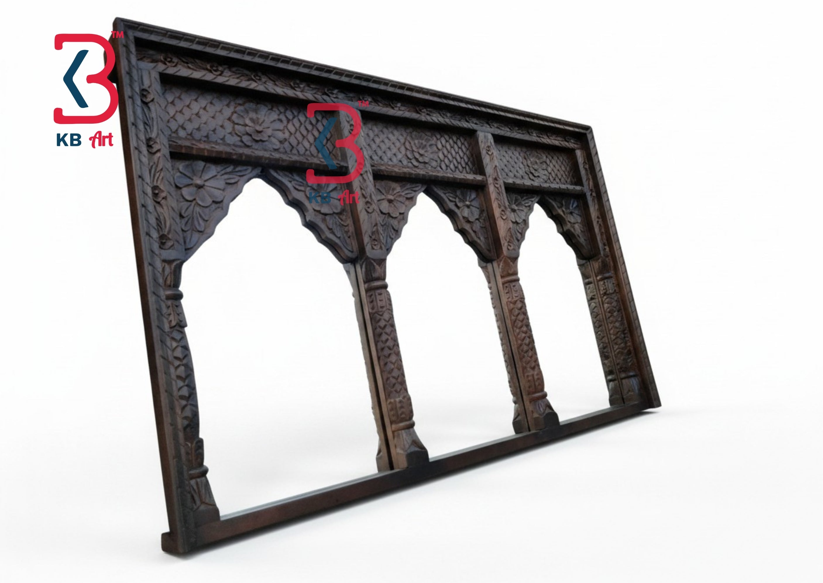 KB ART Large Antique Carved Wooden Wall Mirror - Close-Up of Hand-Carved Artisan Texture - Handcrafted Wooden Decor Jodhpur