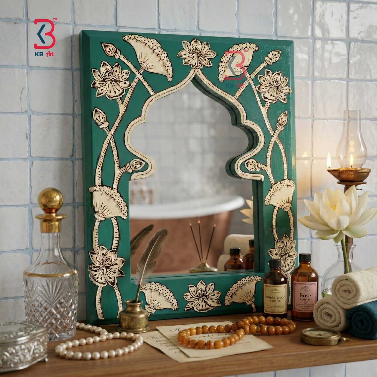 KB ART Teal Lotus Jharokha Mirror - Front View of Handcrafted Detailing - Handcrafted Wooden Decor Jodhpur