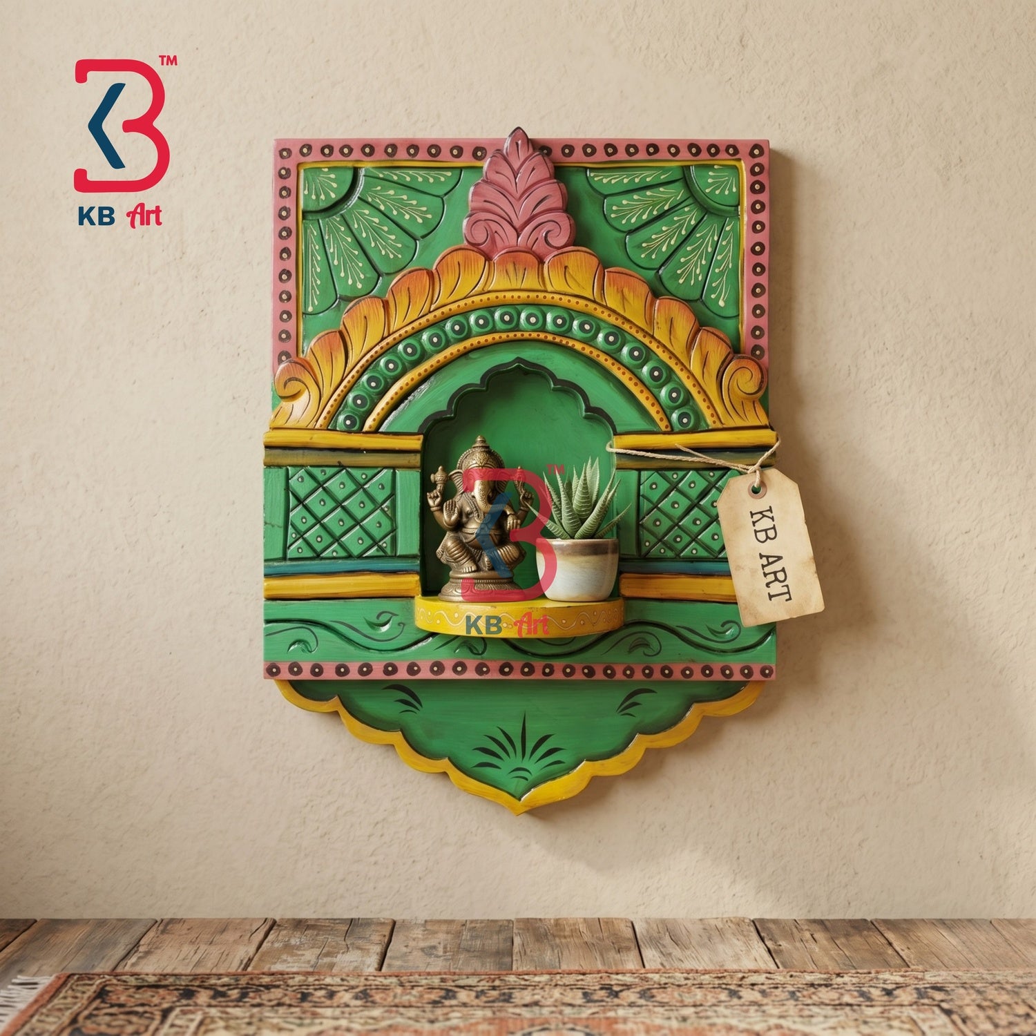 KB ART Ganesha Jharokha Wall Shelf - Front View of Handcrafted Detailing - Handcrafted Wooden Decor Jodhpur