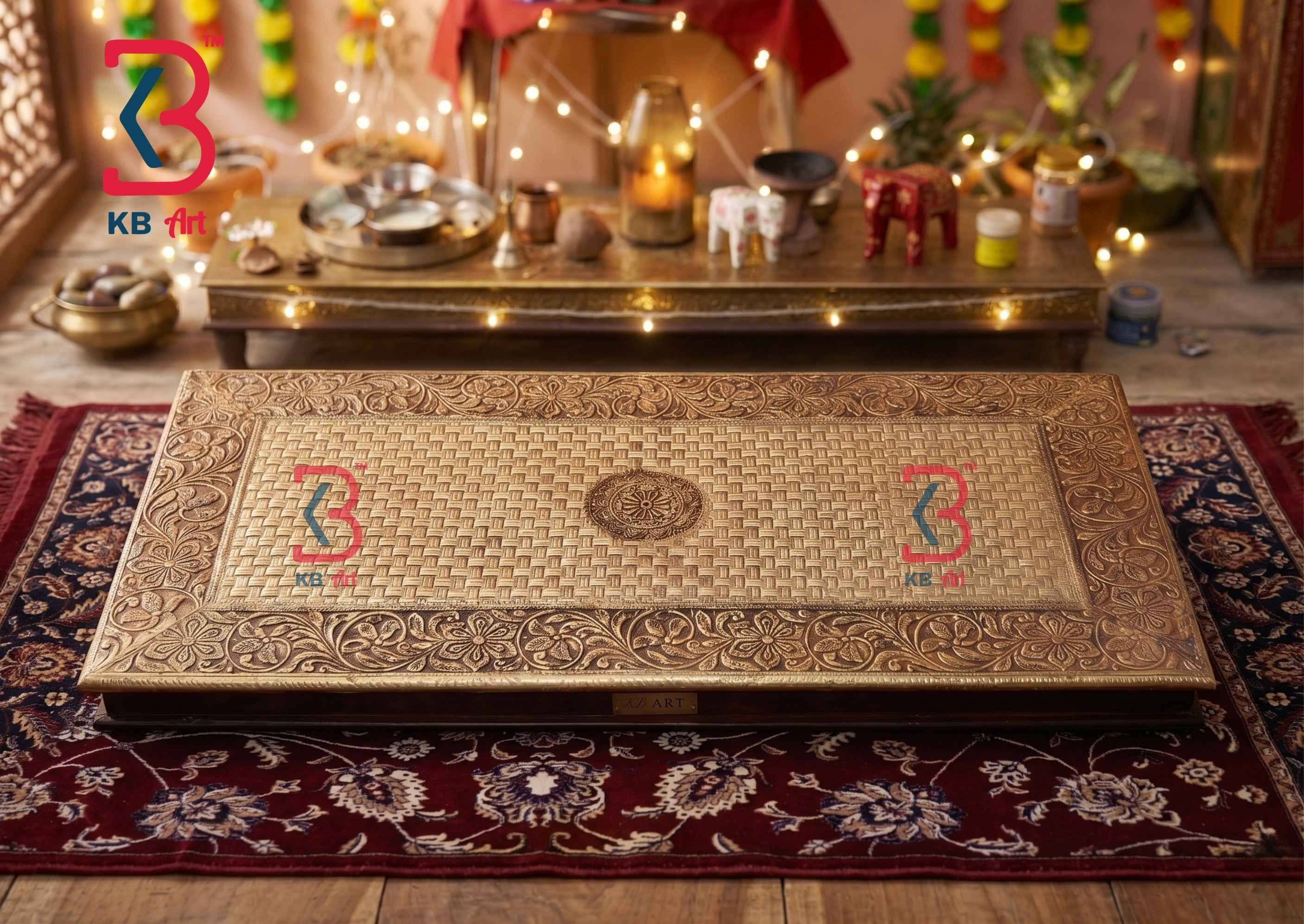 Antique Brass Fitted Wooden Chowki - Hand-Carved Rajasthani Bajot for Pooja & Decor | KB ART