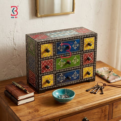 KB ART Wooden 9 Drawer Mdf Box Painted Black - Close-Up of Hand-Carved Artisan Texture - Handcrafted Wooden Decor Jodhpur