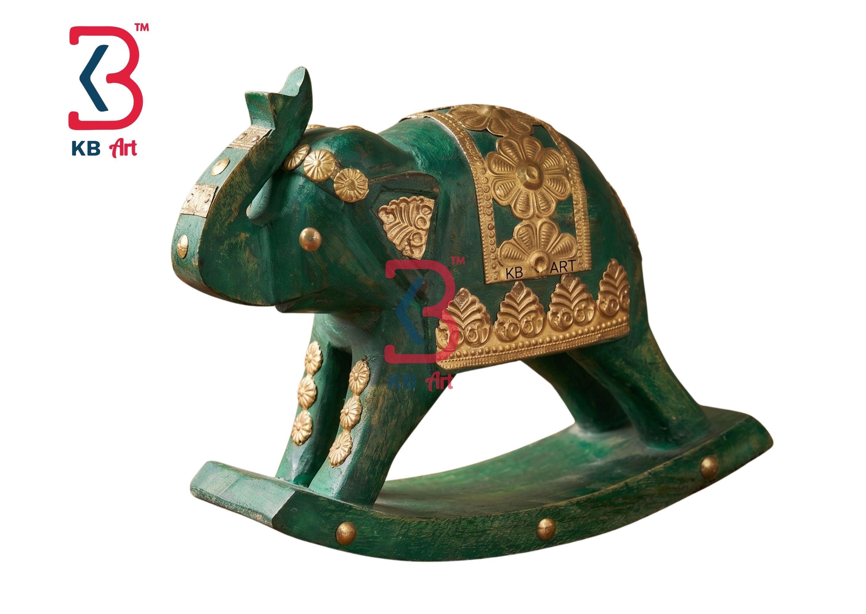 KB ART Wooden Brass Rocking Elephant - Close-Up of Hand-Carved Artisan Texture - Handcrafted Wooden Decor Jodhpur
