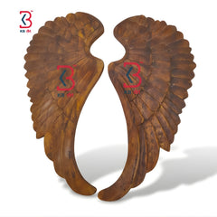 Wooden angel wings with brand logo on a white background