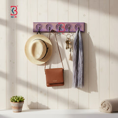 KB ART Purple Wheel Carved Wooden Wall Hook Rack - Styled Display in Home Interior Setting - Handcrafted Wooden Decor Jodhpur