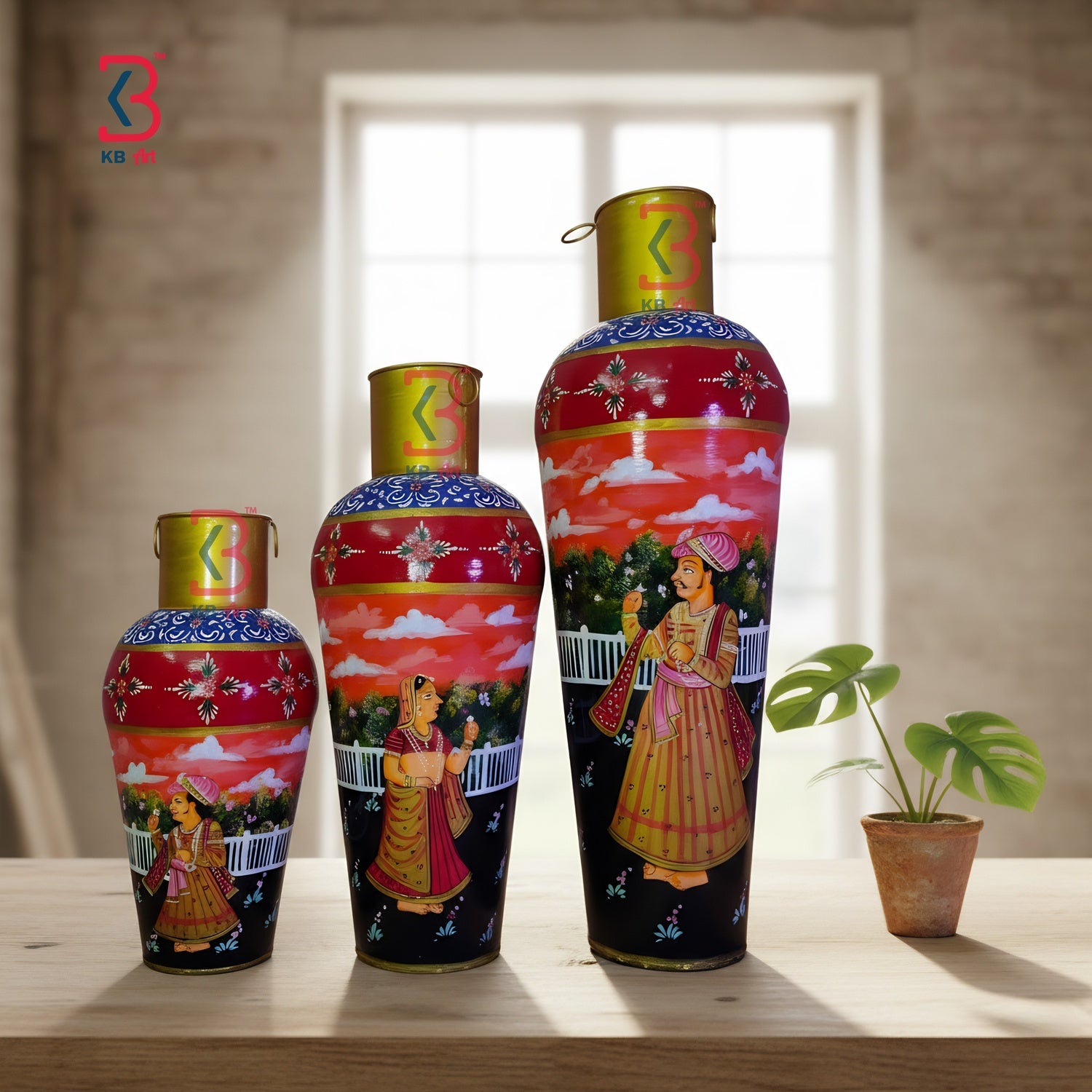 KB ART Set Of 3 Hand Painted Traditional Vases - Close-Up of Hand-Carved Artisan Texture - Handcrafted Wooden Decor Jodhpur