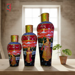KB ART Set Of 3 Hand Painted Traditional Vases - Close-Up of Hand-Carved Artisan Texture - Handcrafted Wooden Decor Jodhpur