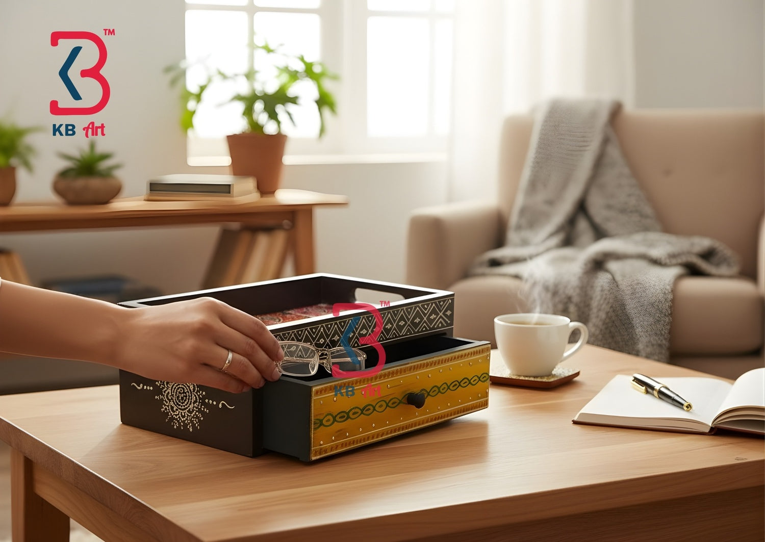 A hand opens a decorative drawer or organizer on a wooden table in a bright living room. The product has black and gold sides with ornate patterns and a red interior.