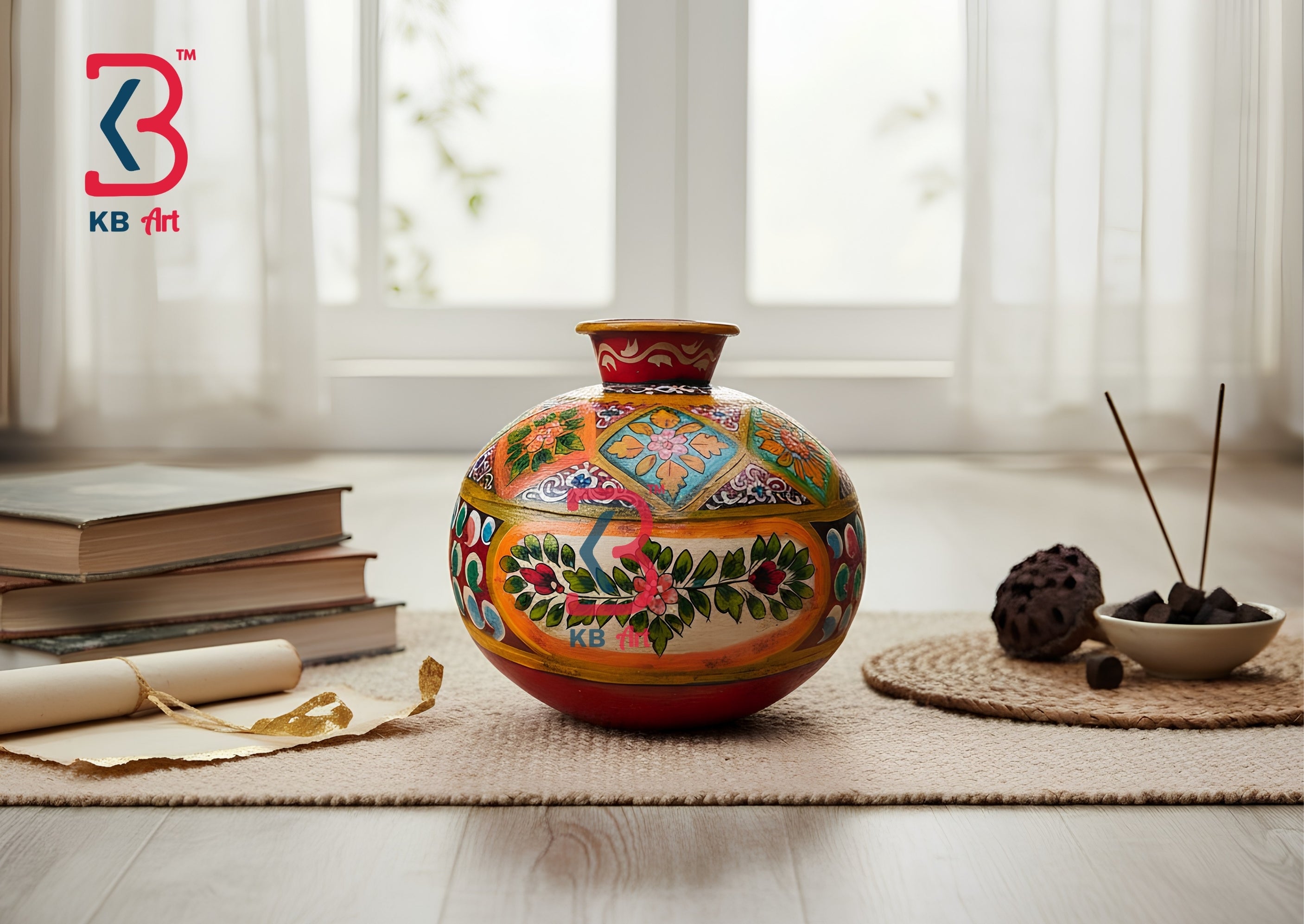 KB ART Floral Hand Painted Iron Pot - Styled Display in Home Interior Setting - Handcrafted Wooden Decor Jodhpur