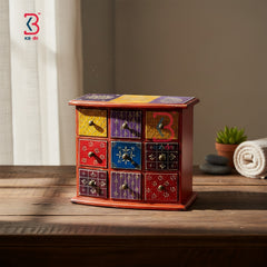 KB ART Wooden 9 Drawer Mdf Almirah Box Red - Styled Display in Home Interior Setting - Handcrafted Wooden Decor Jodhpur