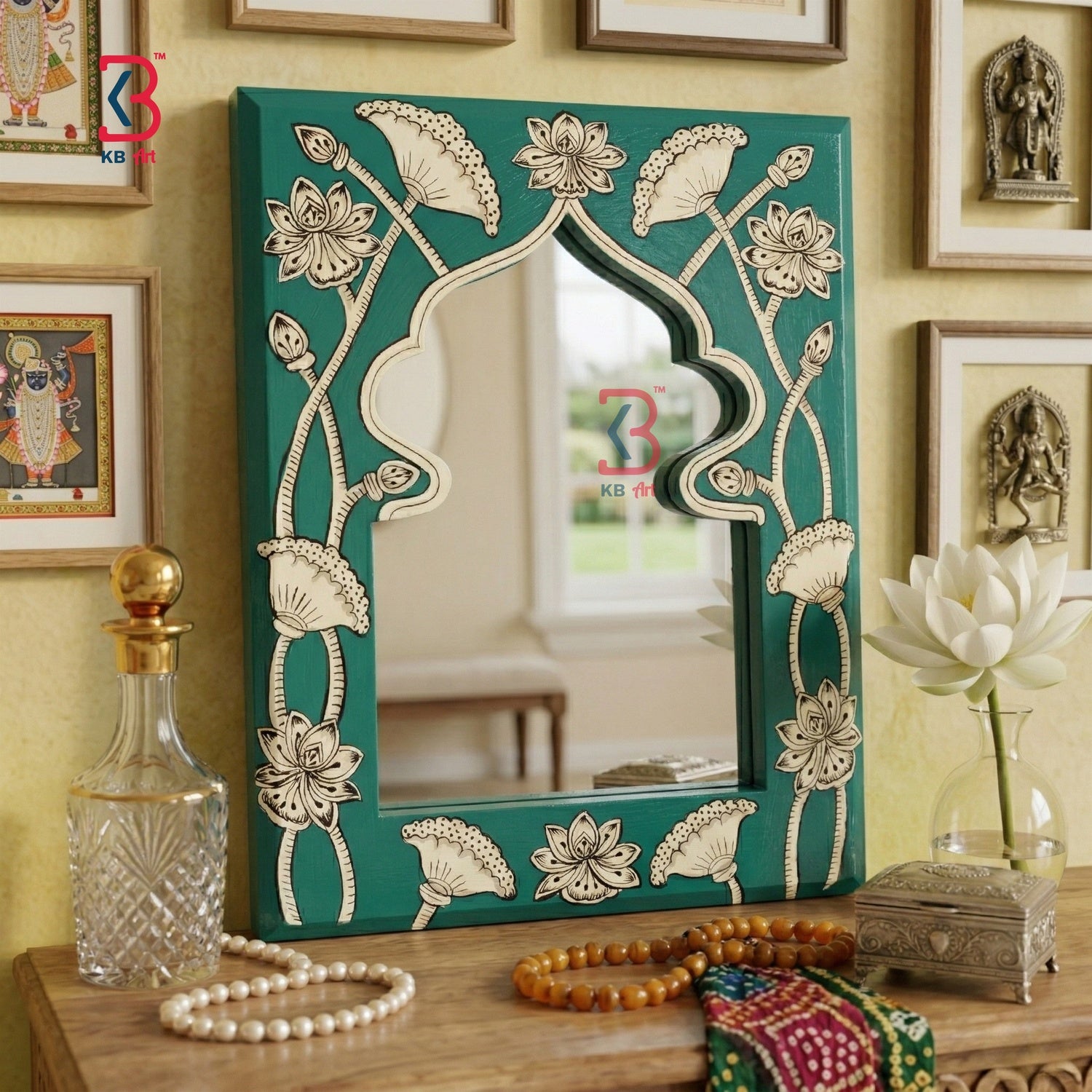 KB ART Teal Lotus Jharokha Mirror - Complete Product View on Plain Background - Handcrafted Wooden Decor Jodhpur