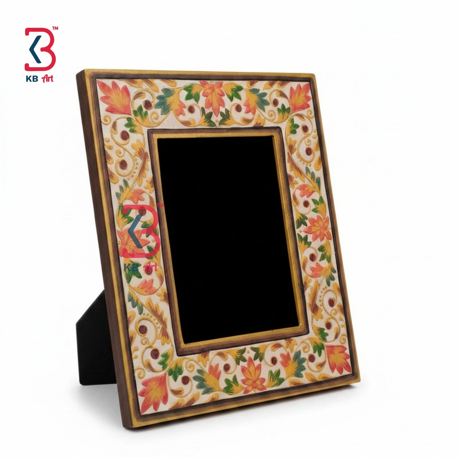 KB ART Wooden Handpainted Photo Frame - Front View of Handcrafted Detailing - Handcrafted Wooden Decor Jodhpur