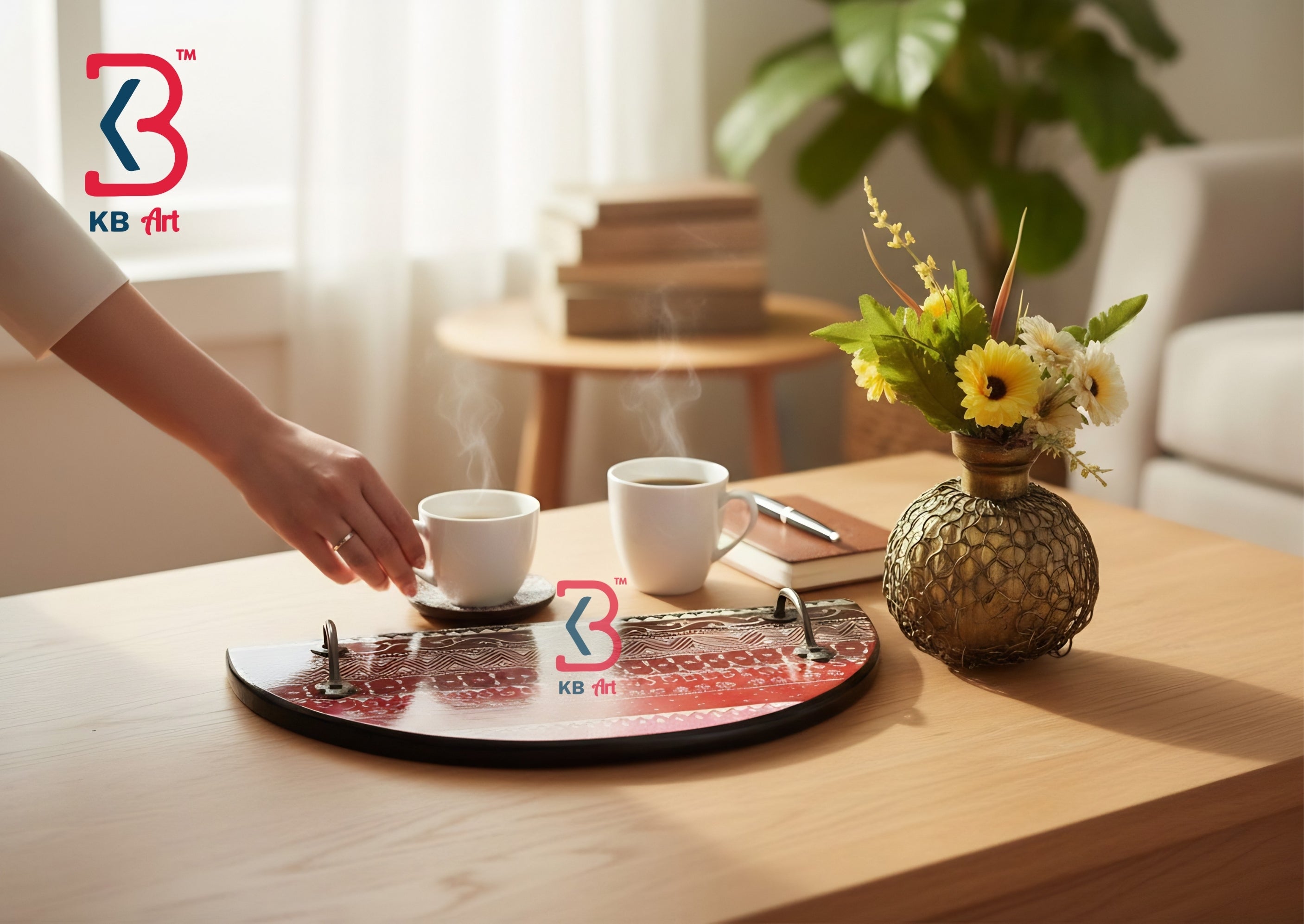 KB ART Wooden Semi Circle Tray - Styled Display in Home Interior Setting - Handcrafted Wooden Decor Jodhpur