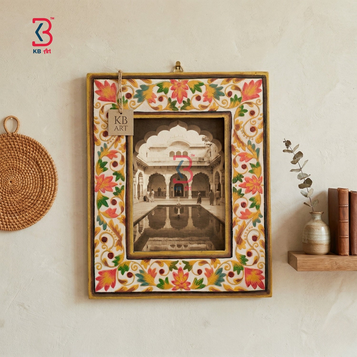KB ART Wooden Handpainted Photo Frame - Styled Display in Home Interior Setting - Handcrafted Wooden Decor Jodhpur