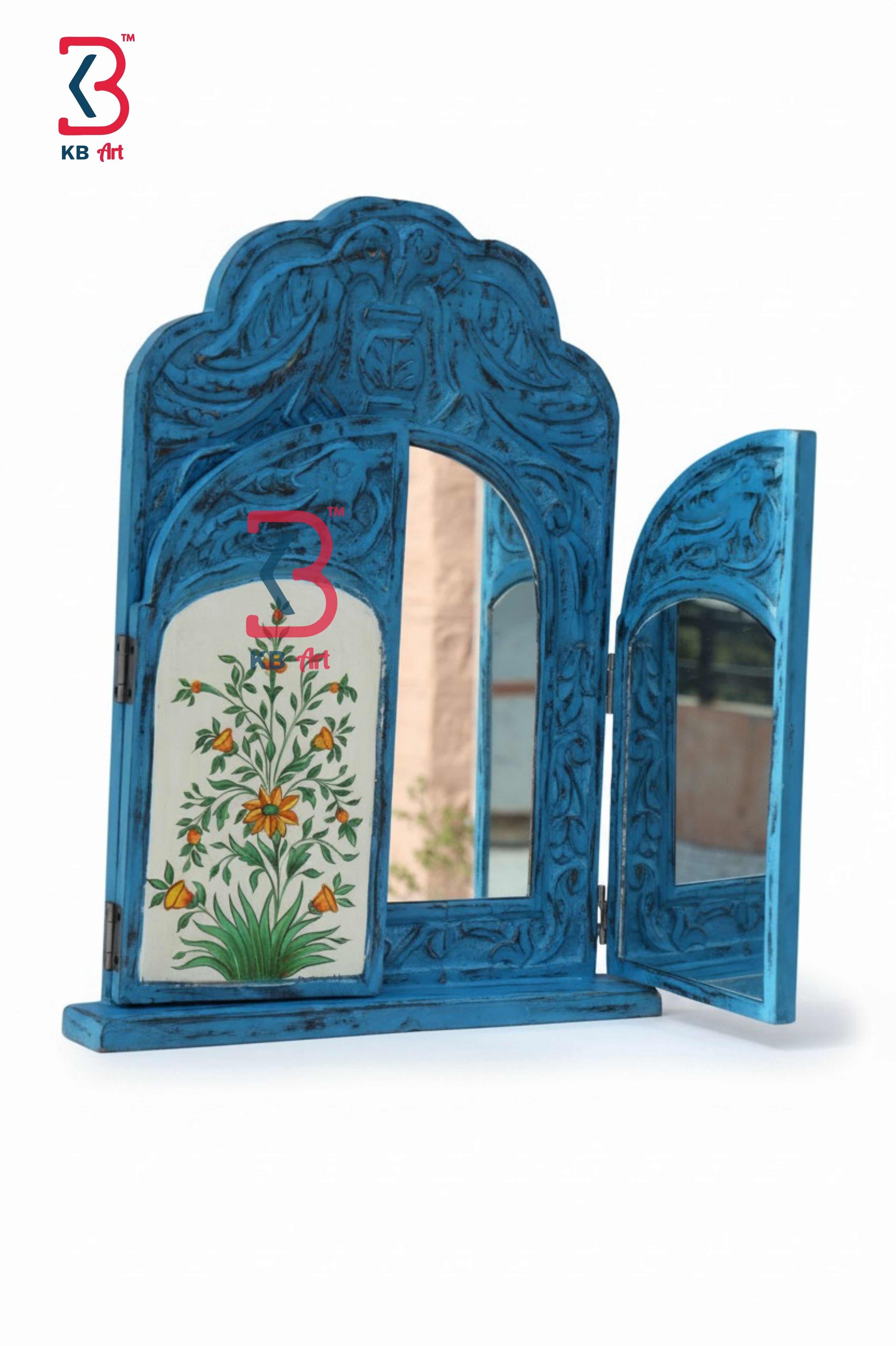 KB ART Wooden Antique Window Jharokha Mirror - Back View Highlighting Build Quality - Handcrafted Wooden Decor Jodhpur
