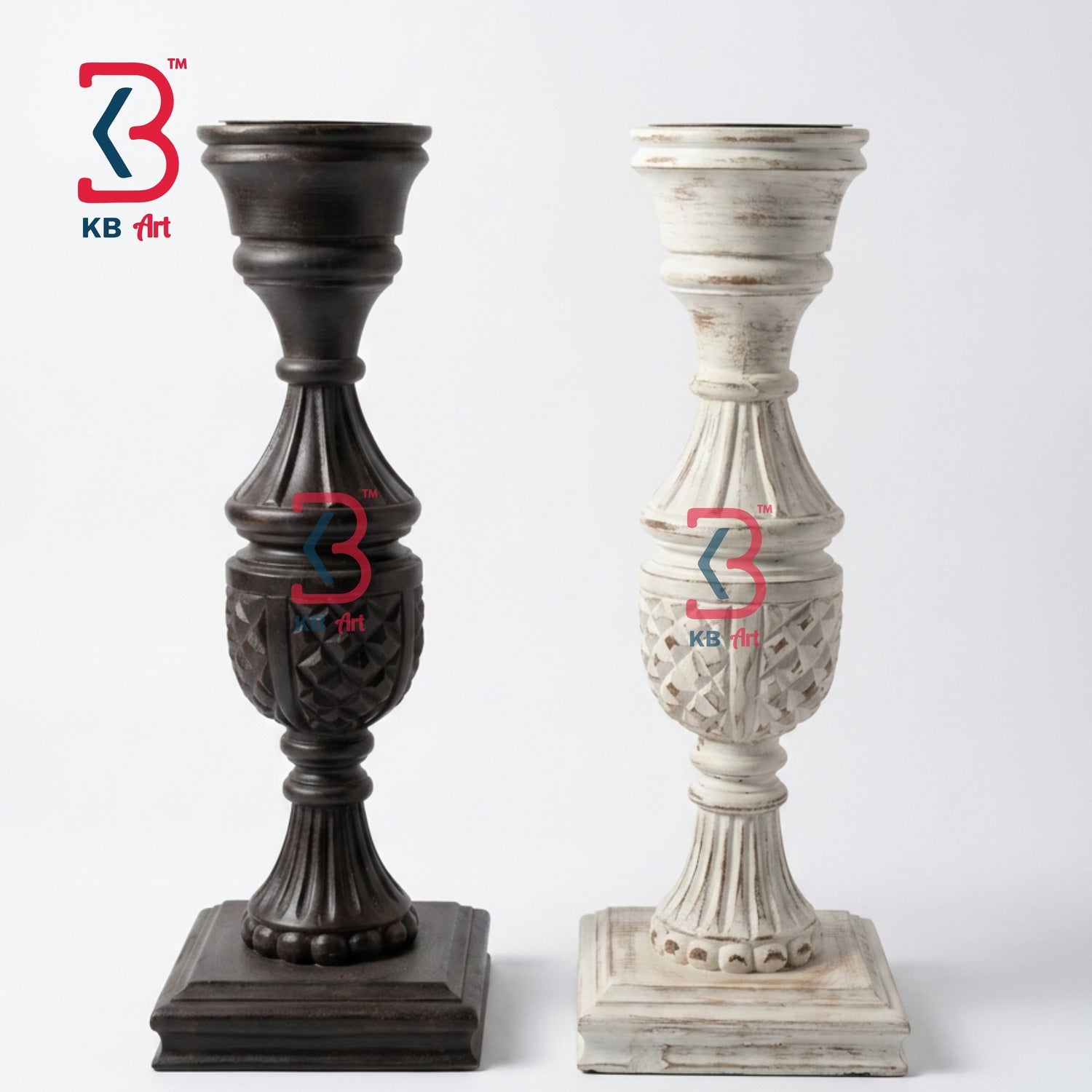KB ART Wooden Carved Pillar Candle Stand Set - Close-Up of Hand-Carved Artisan Texture - Handcrafted Wooden Decor Jodhpur
