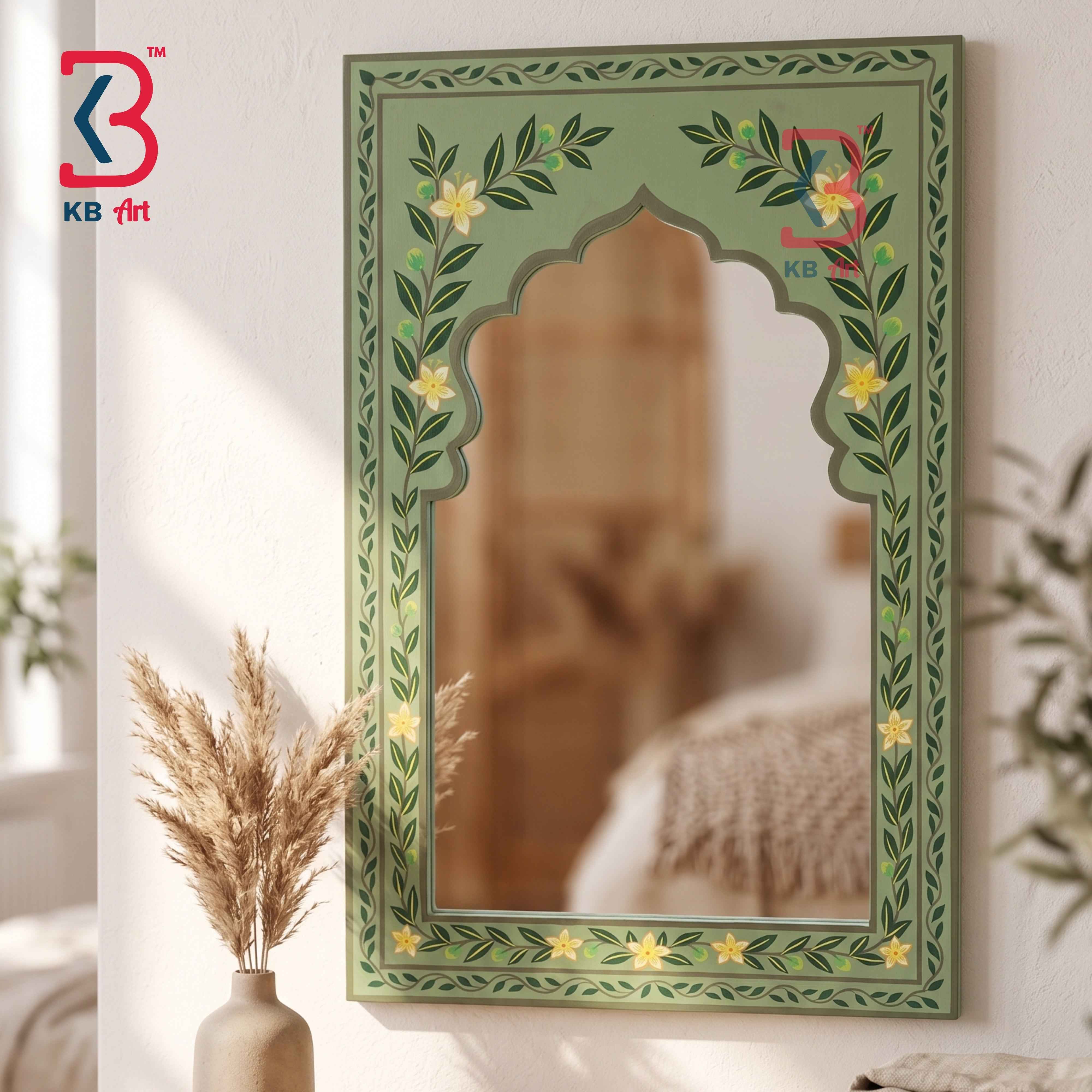 Handcrafted Sage Green Wooden Jharokha Mirror Frame | Traditional Rajasthani Hand-Painted Botanical Floral Wall Decor Panel