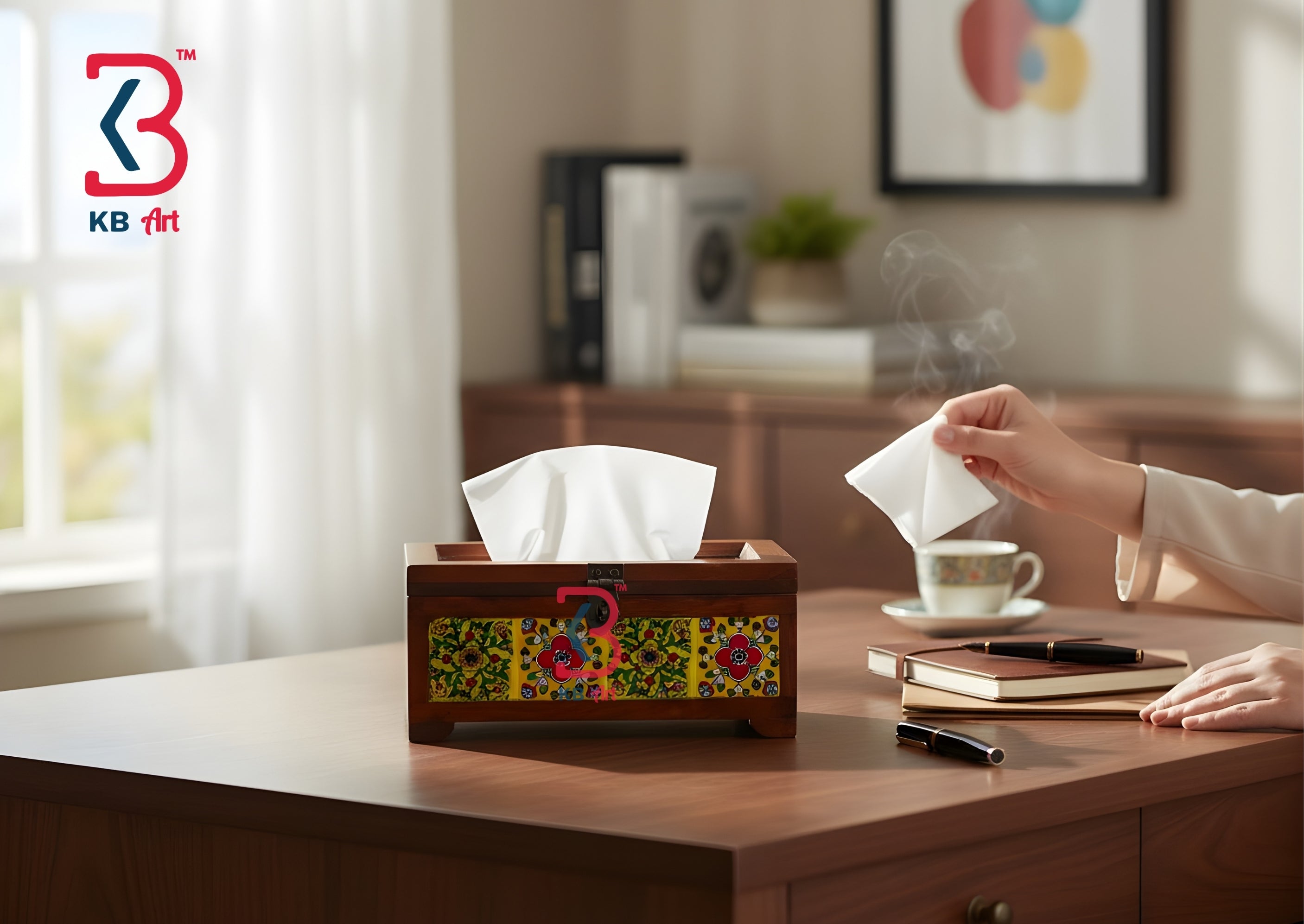 A wooden tissue box cover with colorful floral patterns sits on a wooden desk in a warm, sunlit room. A hand is holding a folded tissue above a cup of tea, with books and a framed picture in the softly blurred background.