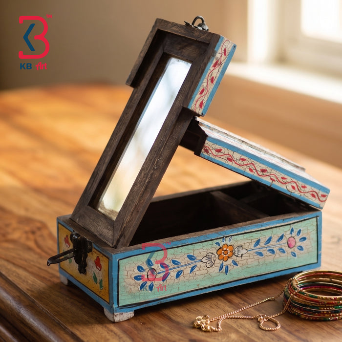 Handcrafted mango wood jewelry box with mirror lid open, antique hand-painted floral crackle finish, blue velvet-lined compartments