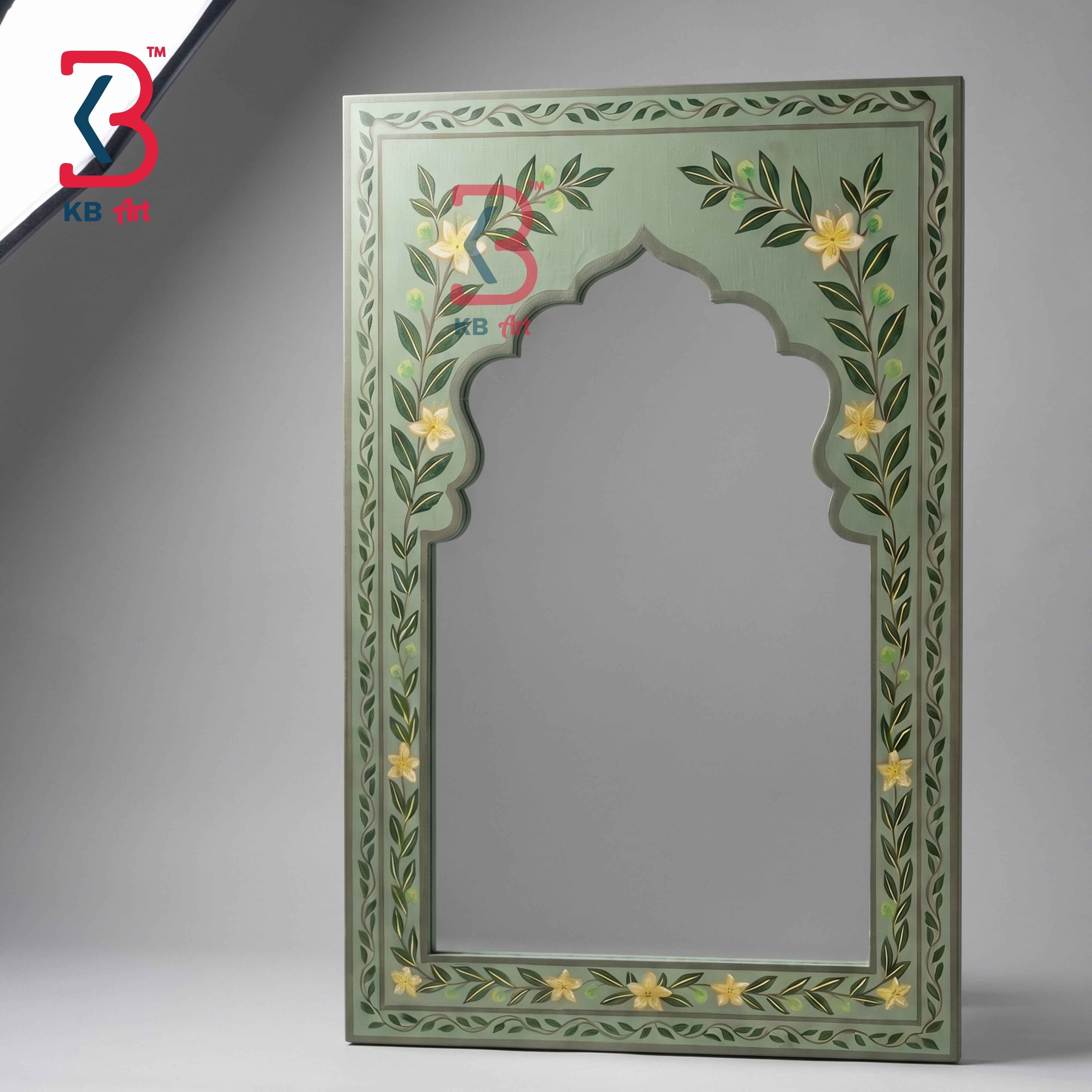Handcrafted Sage Green Wooden Jharokha Mirror Frame | Traditional Rajasthani Hand-Painted Botanical Floral Wall Decor Panel