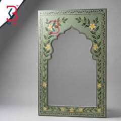 Handcrafted Sage Green Wooden Jharokha Mirror Frame | Traditional Rajasthani Hand-Painted Botanical Floral Wall Decor Panel