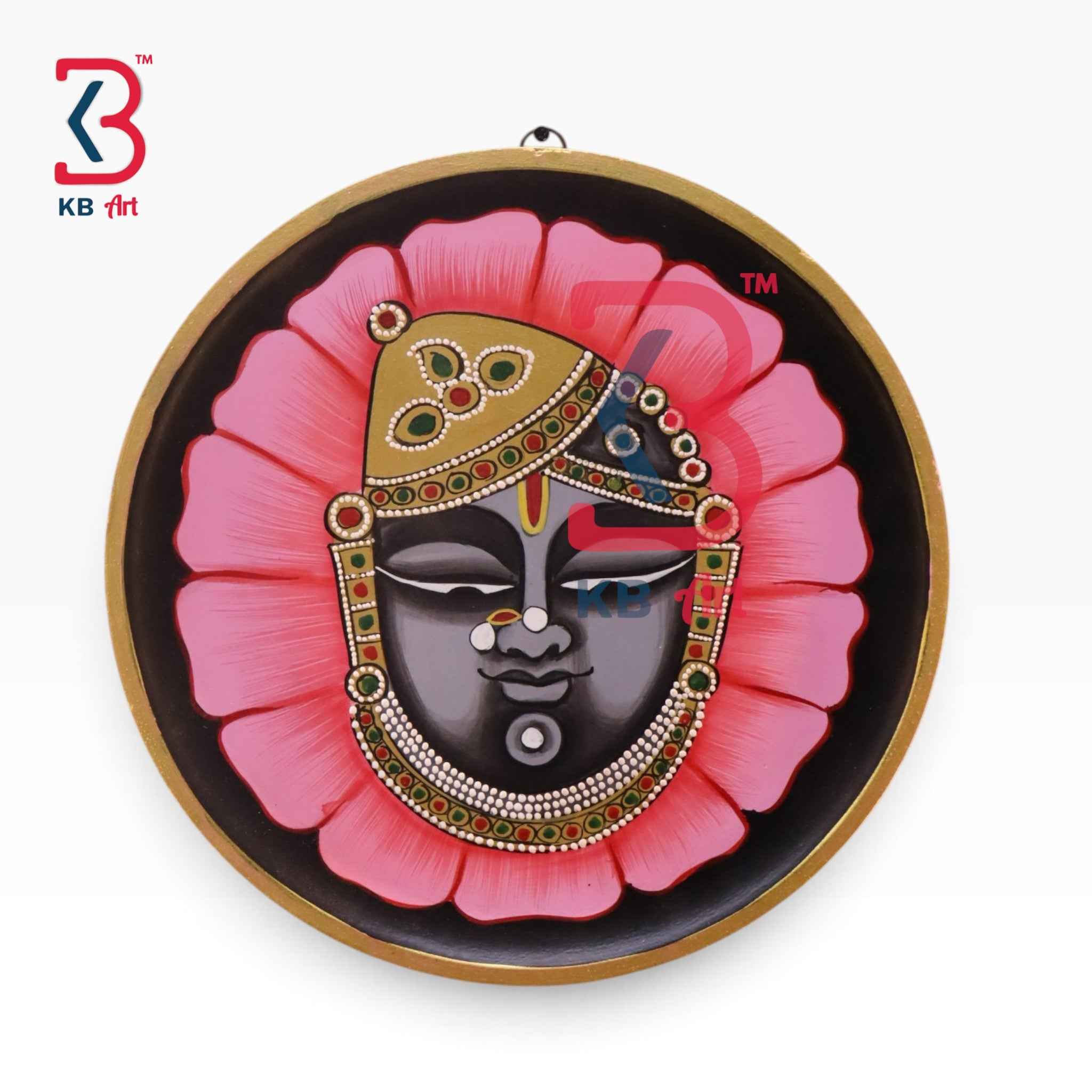 Handcrafted Wooden Wall Plate (12 Inches) | Traditional Rajasthani Hand-Painted Nathdwara Shrinathji Face in Pink Lotus Pichwai Wall Decor Panel