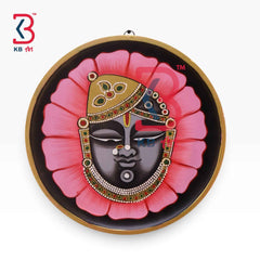 Handcrafted Wooden Wall Plate (12 Inches) | Traditional Rajasthani Hand-Painted Nathdwara Shrinathji Face in Pink Lotus Pichwai Wall Decor Panel