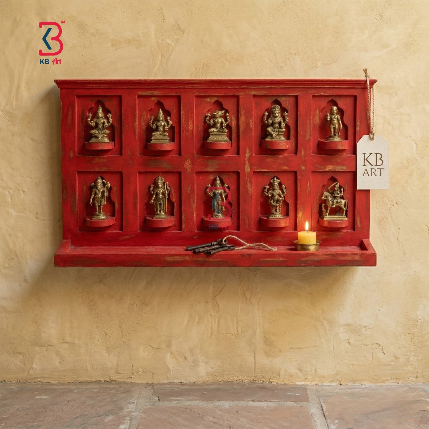 KB ART Wooden 10 Avatar Wall Shelf Rectangle - Close-Up of Hand-Carved Artisan Texture - Handcrafted Wooden Decor Jodhpur