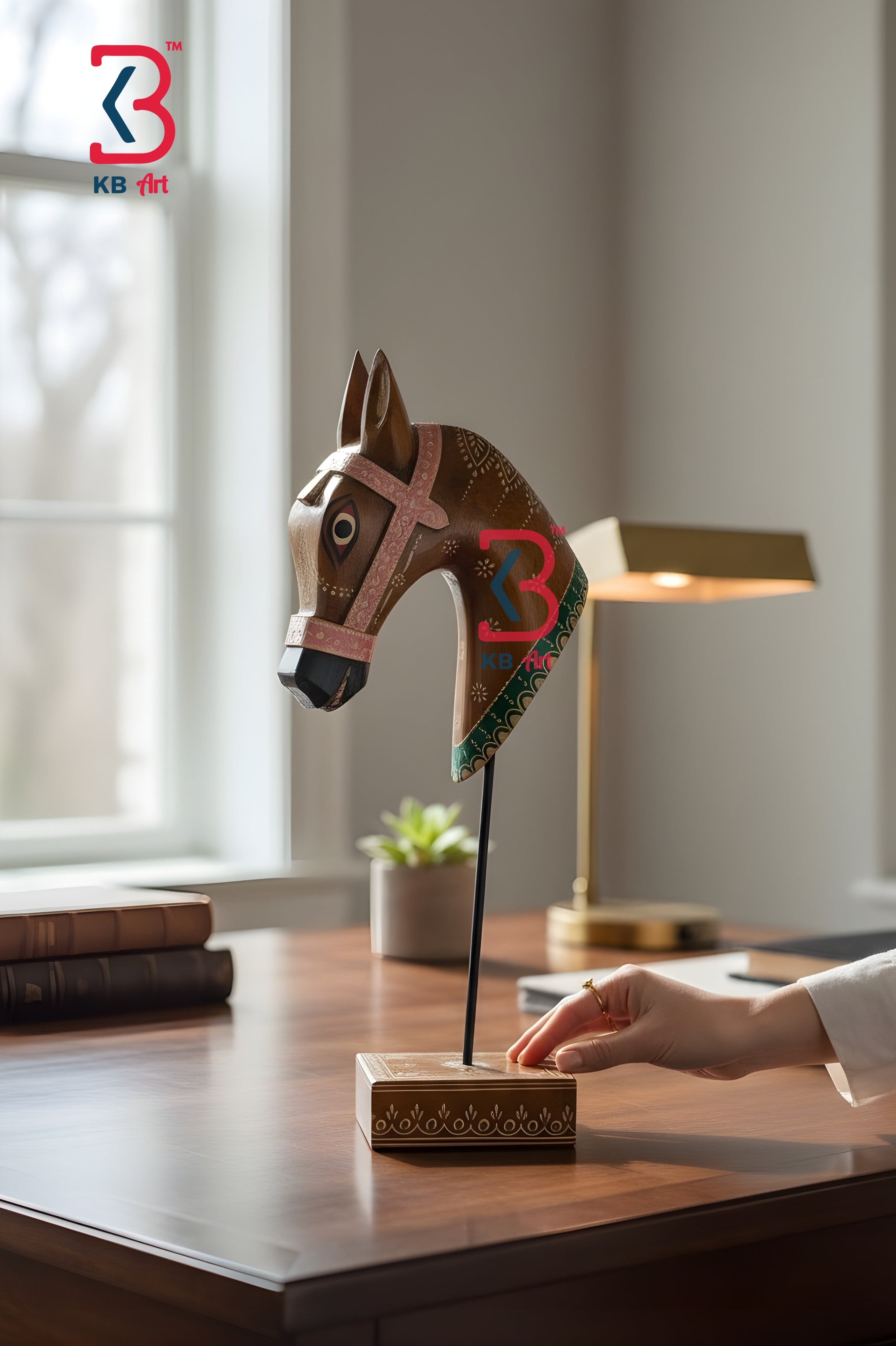 KB ART Wooden Horse Head On Stand - Styled Display in Home Interior Setting - Handcrafted Wooden Decor Jodhpur
