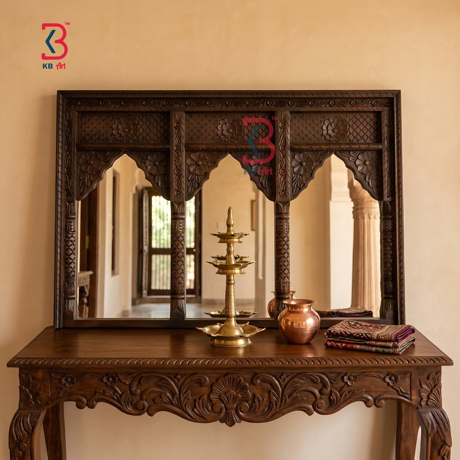 KB ART Large Antique Carved Wooden Wall Mirror - Back View Highlighting Build Quality - Handcrafted Wooden Decor Jodhpur