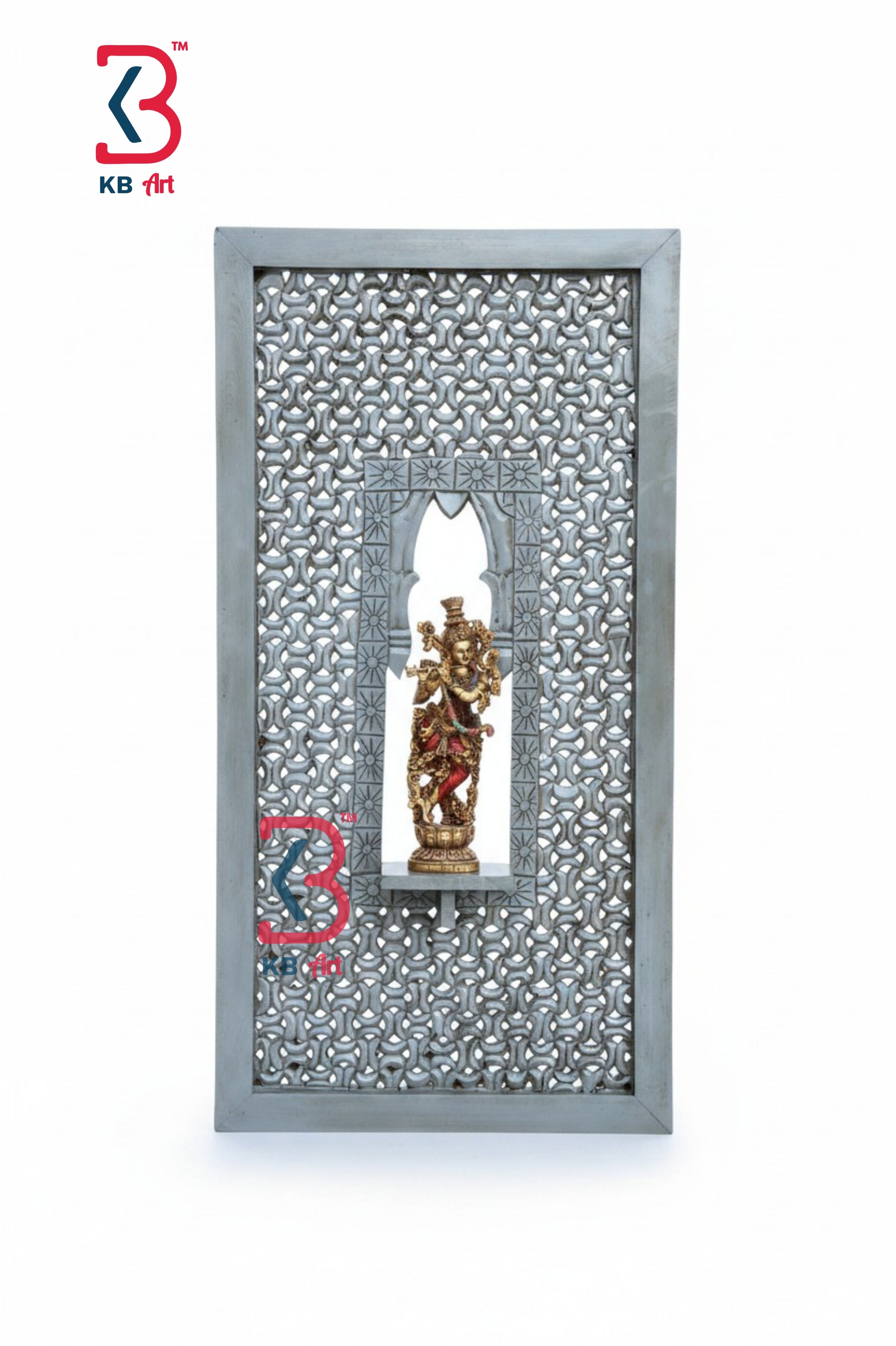 KB ART Wooden Carved Jalli Panel Krishna Stand - Styled Display in Home Interior Setting - Handcrafted Wooden Decor Jodhpur