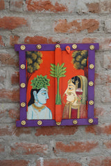 KB ART Wooden Pichwai Radha Krishna Window Mirror - Side Angle Showing Finish and Craftsmanship - Handcrafted Wooden Decor Jodhpur