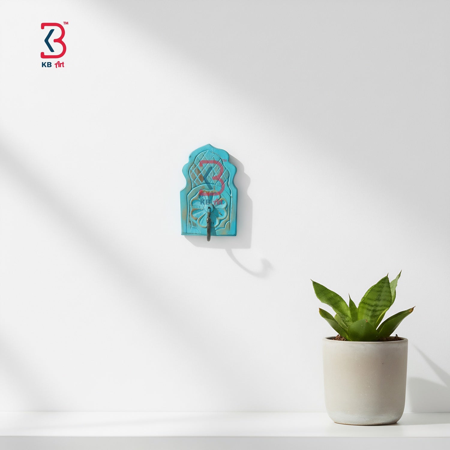 KB ART Blue Arched Floral Single Wall Hook - Front View of Handcrafted Detailing - Handcrafted Wooden Decor Jodhpur