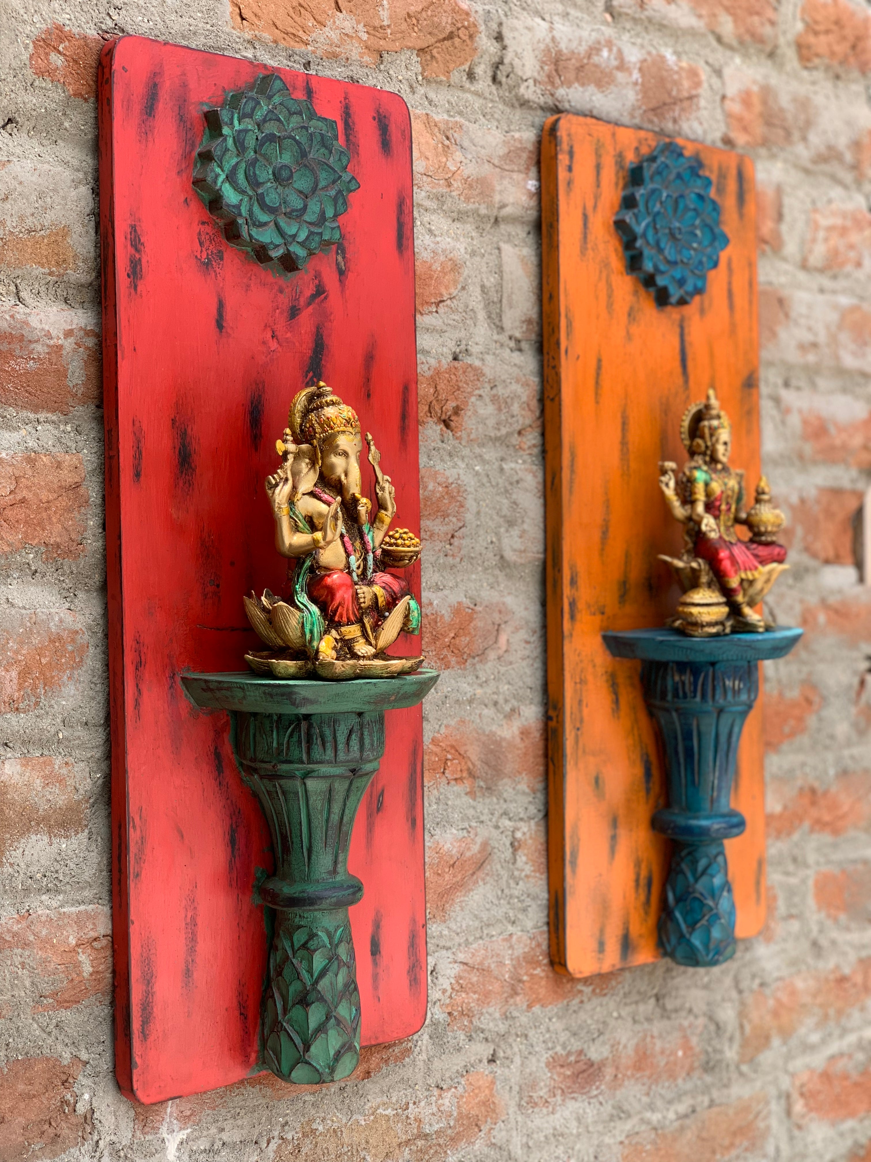 KB ART Wooden Carved Big Rectangle Shelf Statue - Styled Display in Home Interior Setting - Handcrafted Wooden Decor Jodhpur